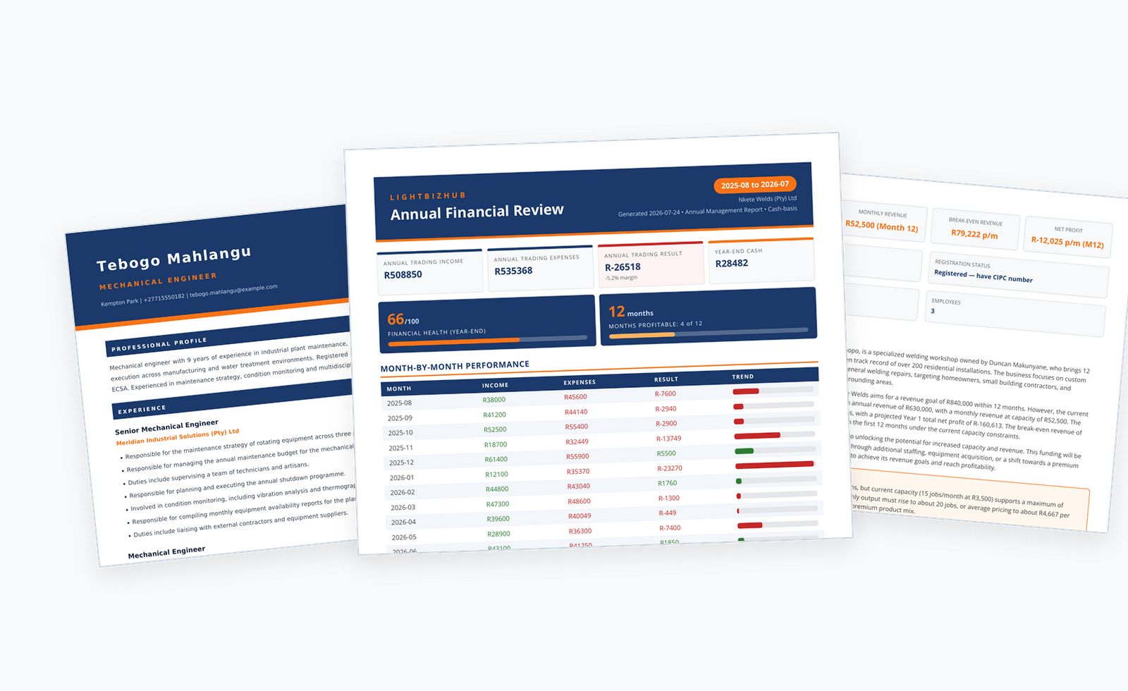 Sample Lightbizhub outputs: annual financial review, funding-ready business plan and ATS-scored CV
